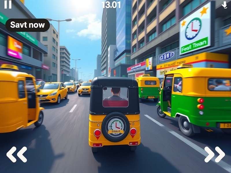 Incredible Tuk Tuk Gameplay Screenshot - Indian auto-rickshaw racing through a vibrant Mumbai street with iconic yellow taxis and street food vendors in background